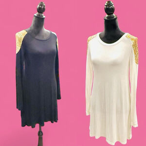 12PM by Mon Ami Dress Lot 2 Gold Sequin Shoulder Black Ivory S/M USA Club Party